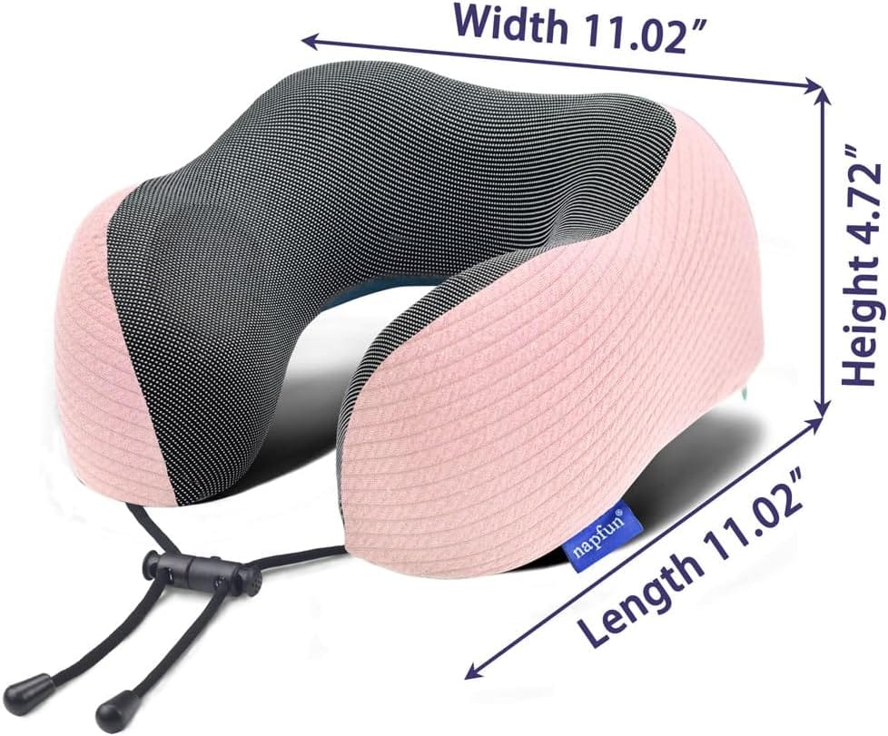 napfun Neck Pillow for Travel with Travel Pouch, Sleep Mask & Earplugs, Memory Foam Airplane Pillow for Headrest Sleep with Eyeshades, Plane Essentials with Eye Blindfold, Pink Striped Kit - Image 6