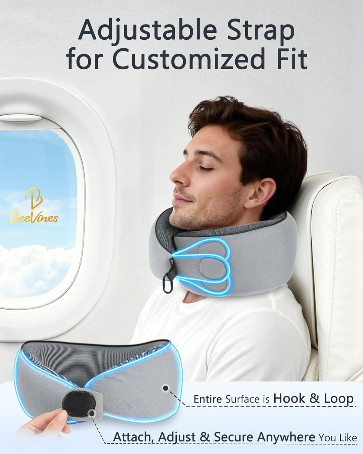 BeeVines Travel Pillow with Carry Case, Memory Foam Neck Pillows for Airplanes, 360° Wrap Around Support for Sleeping, Breathable & Washable Cover for Long Flights, Car & Train Traveling - Image 9
