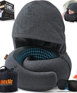 LOEXAIR™ Hooded Pro Travel Pillow - Memory Foam Neck Support Pillow for Airplane, Flight - Super-Soft Pure Cotton Fabric, Maximum Privacy & Light-Block Design, Lightweight Full Travel Kit - 1