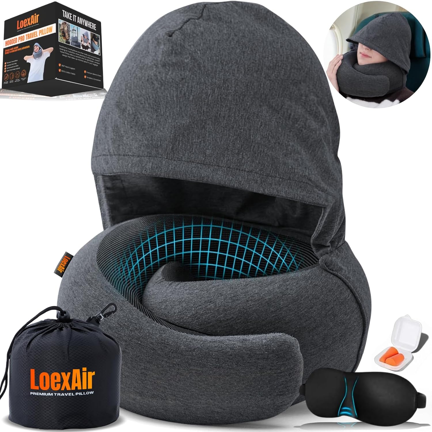 LOEXAIR™ Hooded Pro Travel Pillow - Memory Foam Neck Support Pillow for Airplane, Flight - Super-Soft Pure Cotton Fabric, Maximum Privacy & Light-Block Design, Lightweight Full Travel Kit - 1