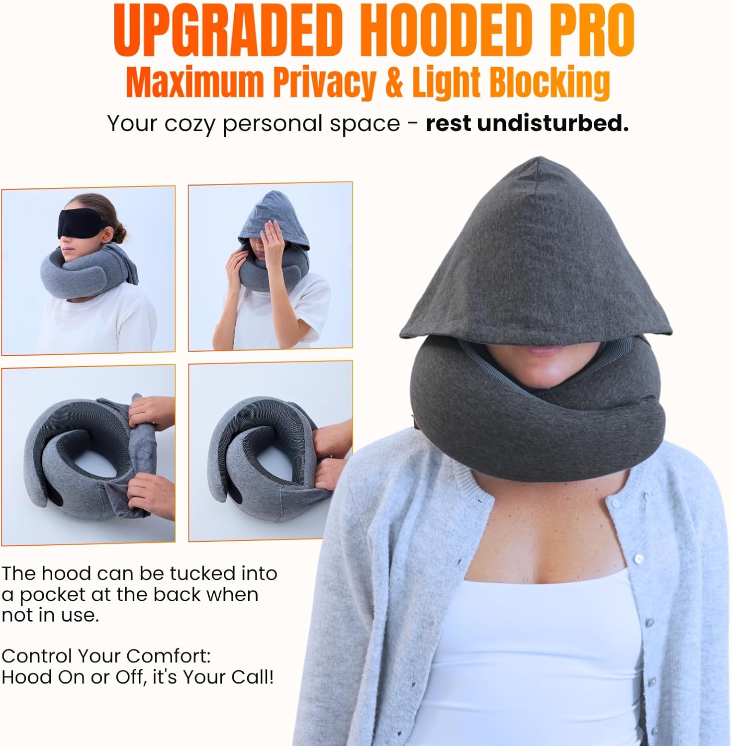 LOEXAIR™ Hooded Pro Travel Pillow - Memory Foam Neck Support Pillow for Airplane, Flight - Super-Soft Pure Cotton Fabric, Maximum Privacy & Light-Block Design, Lightweight Full Travel Kit - Dark Grey - Image 9