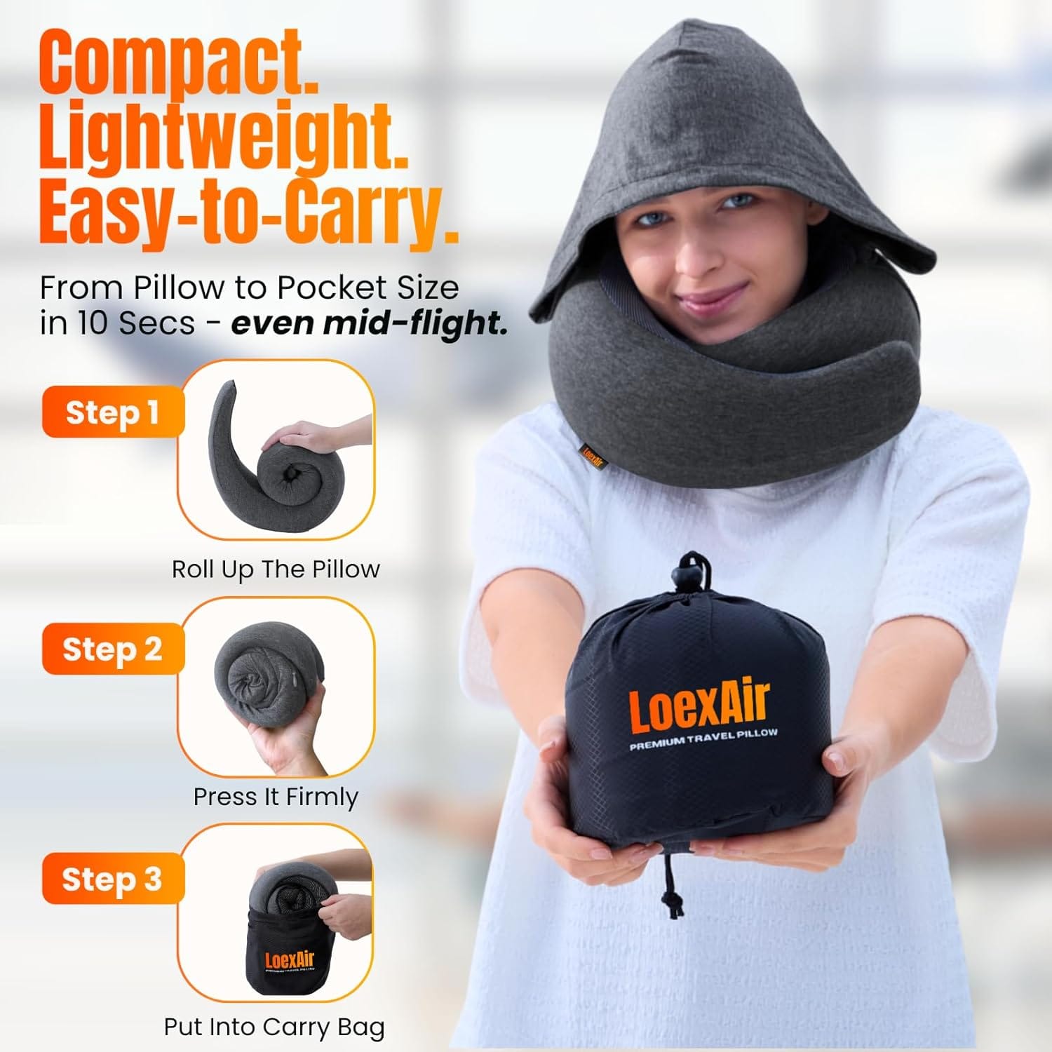 LOEXAIR™ Hooded Pro Travel Pillow - Memory Foam Neck Support Pillow for Airplane, Flight - Super-Soft Pure Cotton Fabric, Maximum Privacy & Light-Block Design, Lightweight Full Travel Kit - Dark Grey - Image 8