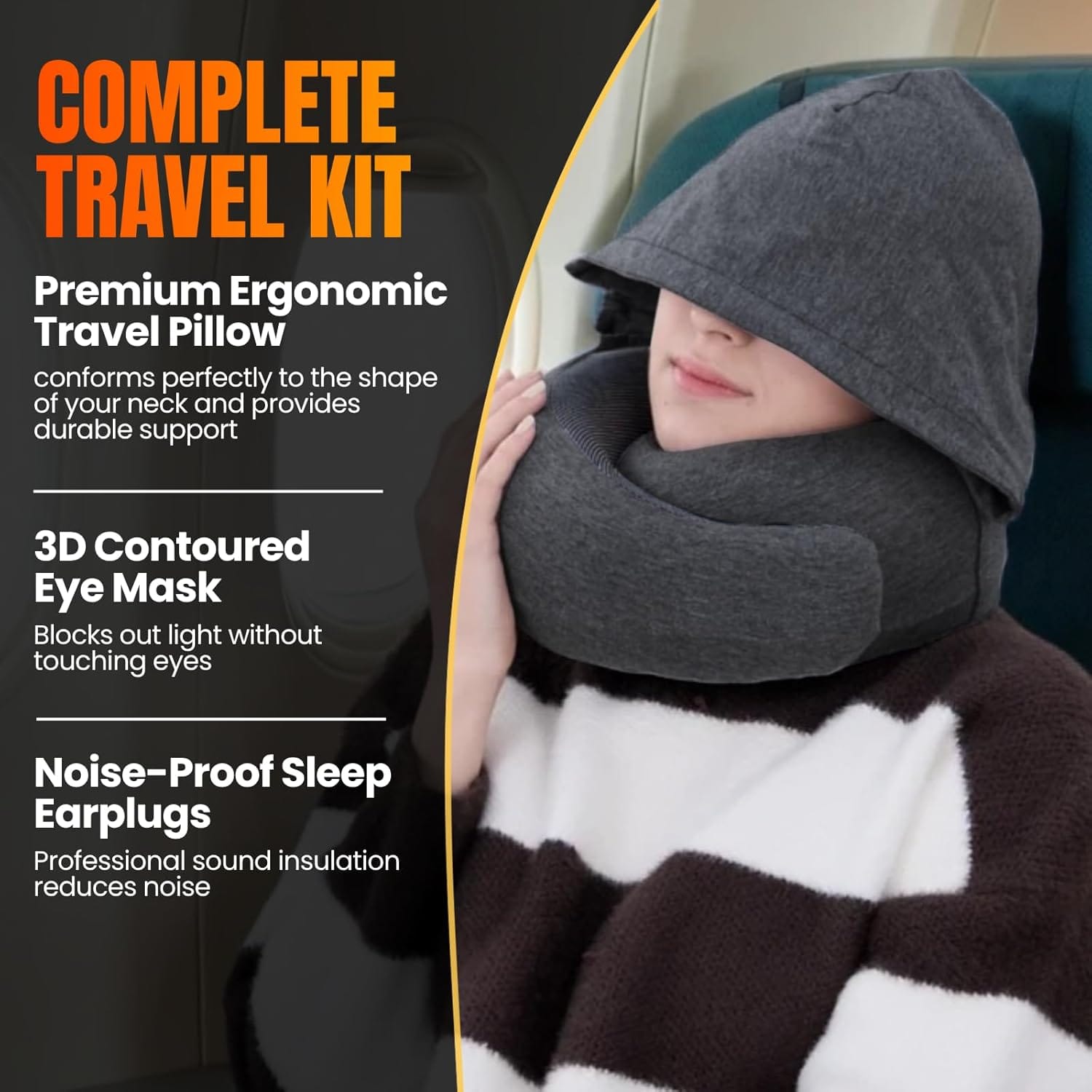 LOEXAIR™ Hooded Pro Travel Pillow - Memory Foam Neck Support Pillow for Airplane, Flight - Super-Soft Pure Cotton Fabric, Maximum Privacy & Light-Block Design, Lightweight Full Travel Kit - Dark Grey - Image 6