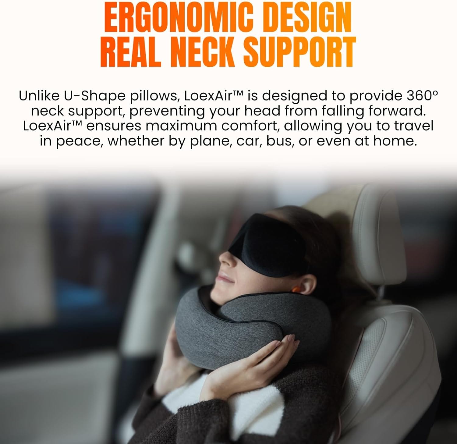 LOEXAIR™ Hooded Pro Travel Pillow - Memory Foam Neck Support Pillow for Airplane, Flight - Super-Soft Pure Cotton Fabric, Maximum Privacy & Light-Block Design, Lightweight Full Travel Kit - Dark Grey - Image 4