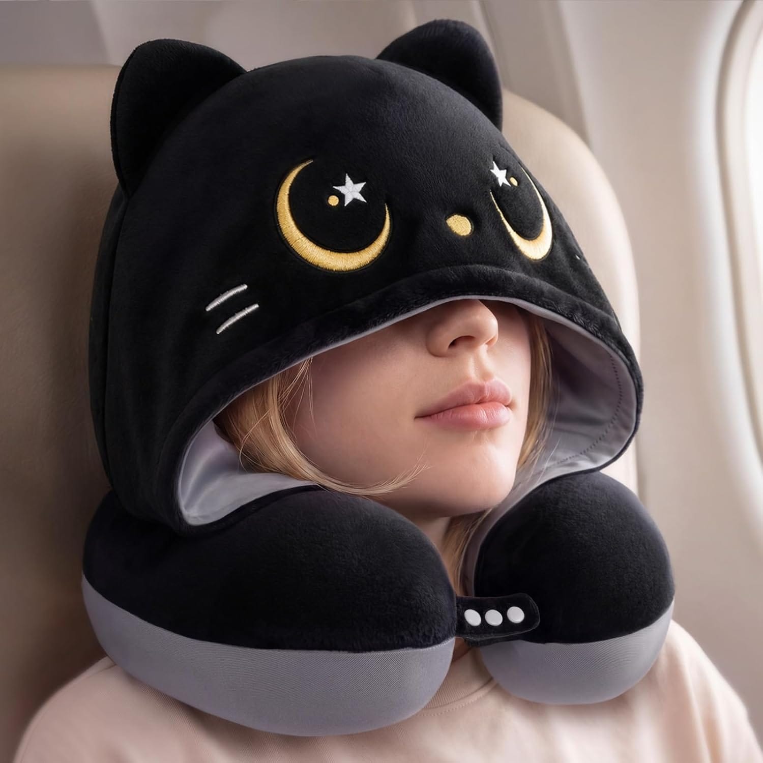 Mewaii Travel Neck Pillow with Hood for Airplanes,Memory Foam,Breathable Ice Silk & Soft Velvet,Double-Sided,Removable to Clean,Adjustable Strap,Portable Travel Pillow for Long Flights - 1