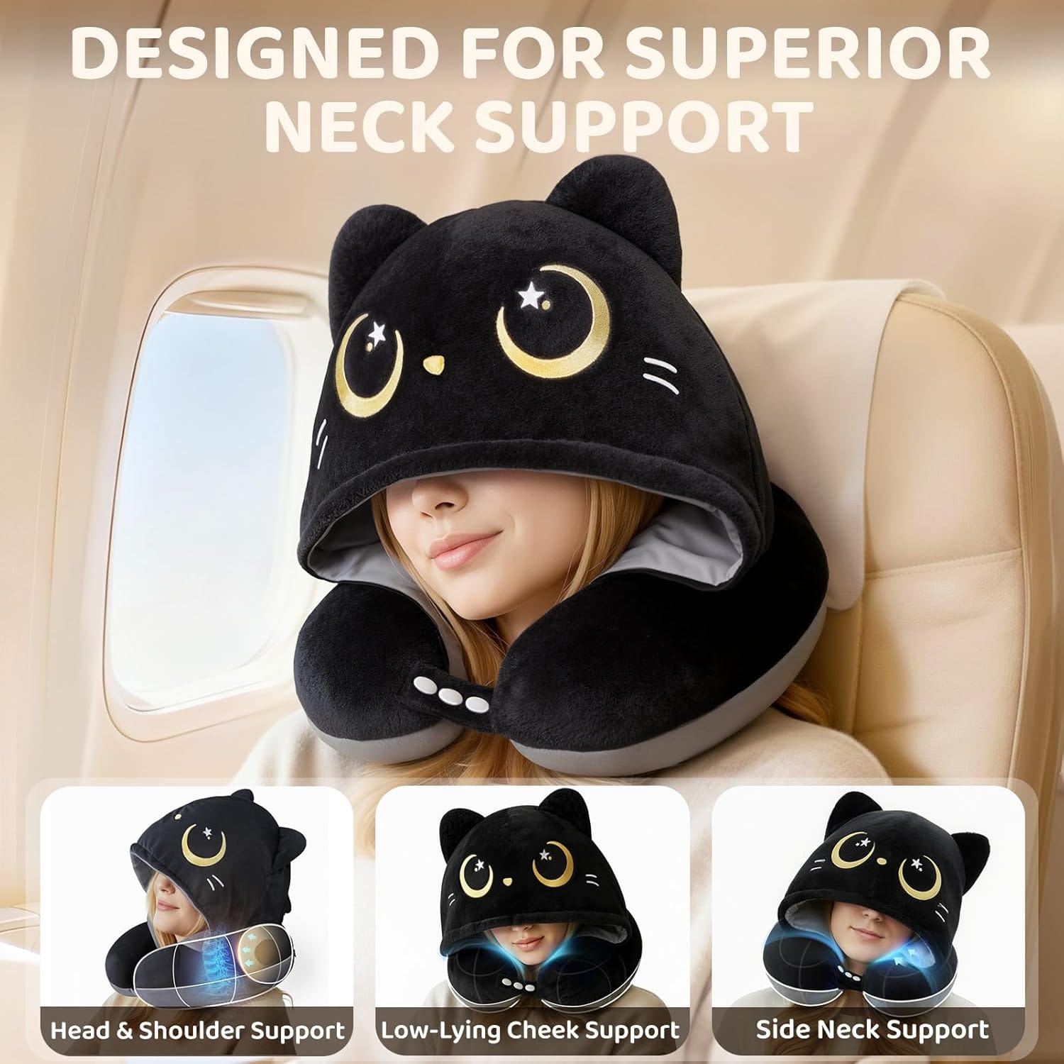 Mewaii Travel Neck Pillow with Hood for Airplanes,Memory Foam,Breathable Ice Silk & Soft Velvet,Double-Sided,Removable to Clean,Adjustable Strap,Portable Travel Pillow for Long Flights Adults & Teens - Image 9