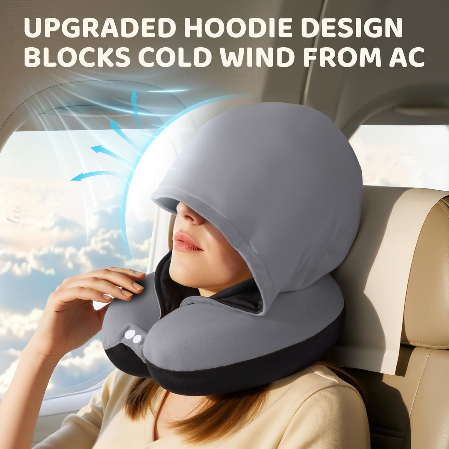 Mewaii Travel Neck Pillow with Hood for Airplanes,Memory Foam,Breathable Ice Silk & Soft Velvet,Double-Sided,Removable to Clean,Adjustable Strap,Portable Travel Pillow for Long Flights Adults & Teens - Image 7