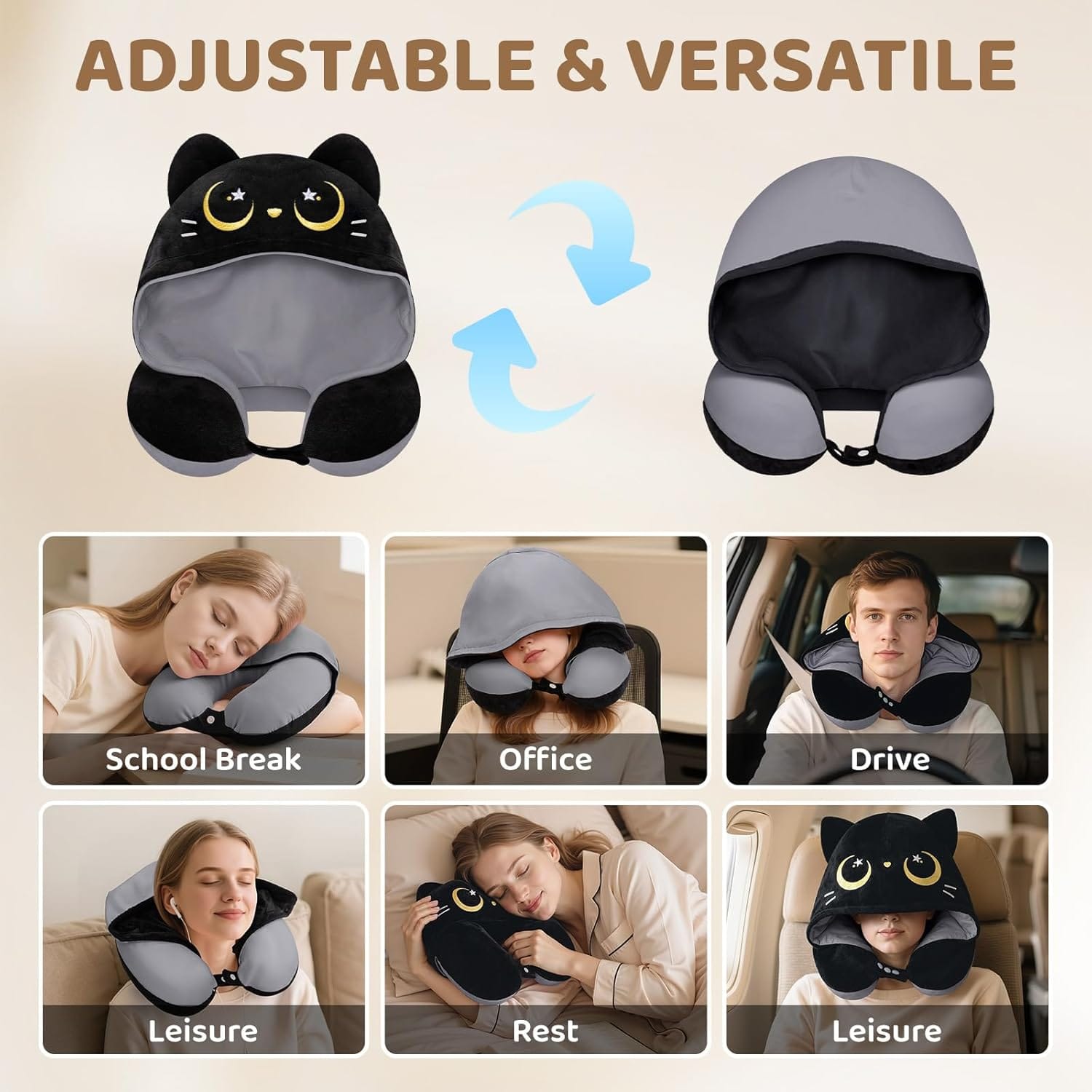 Mewaii Travel Neck Pillow with Hood for Airplanes,Memory Foam,Breathable Ice Silk & Soft Velvet,Double-Sided,Removable to Clean,Adjustable Strap,Portable Travel Pillow for Long Flights Adults & Teens - Image 2