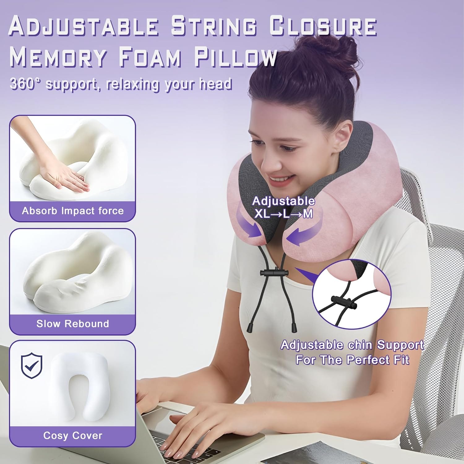 Neck Travel Pillow, Upgraded Memory Foam Pillow for Airplane, Machine Washable, Adjustable Flight Pillow, Suitable for Sleeping Airplane, Car, Office and Home (Pink) - Image 5