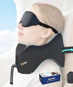 Patented Head-Bobble-preventing Ergonomic 360° Supporting Golden Formula Memory Foam Travel Neck Pillow w-3D Contoured Eye Mask Set Long Trip Sleeping Essentials - 1