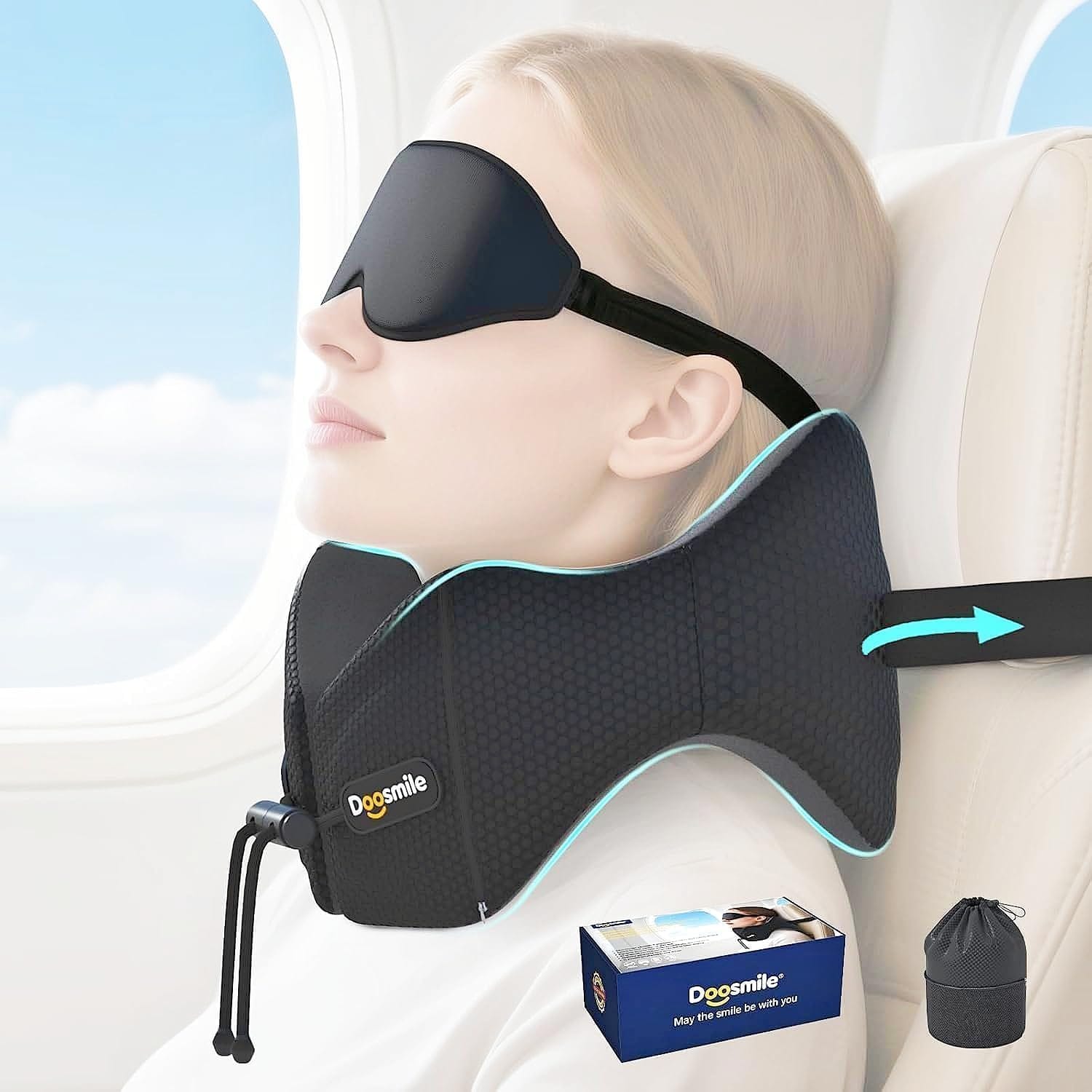 Patented Head-Bobble-preventing Ergonomic 360° Supporting Golden Formula Memory Foam Travel Neck Pillow w-3D Contoured Eye Mask Set Long Trip Sleeping Essentials - 1