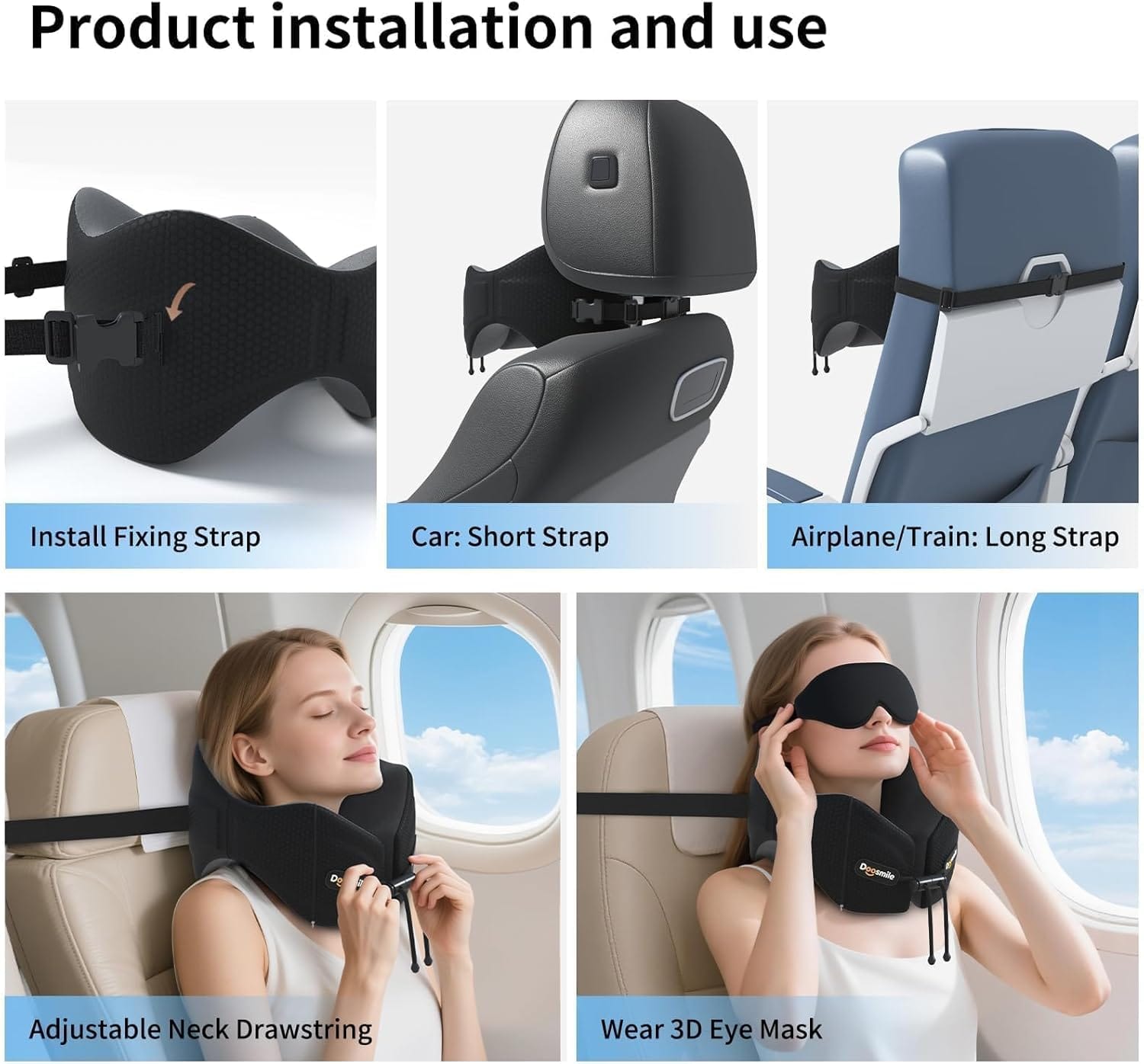 Patented Head-Bobble-preventing Ergonomic 360° Supporting Golden Formula Memory Foam Travel Neck Pillow w/3D Contoured Eye Mask Set Long Trip Sleeping Essentials for Airplane Flight Car Bus - Image 6