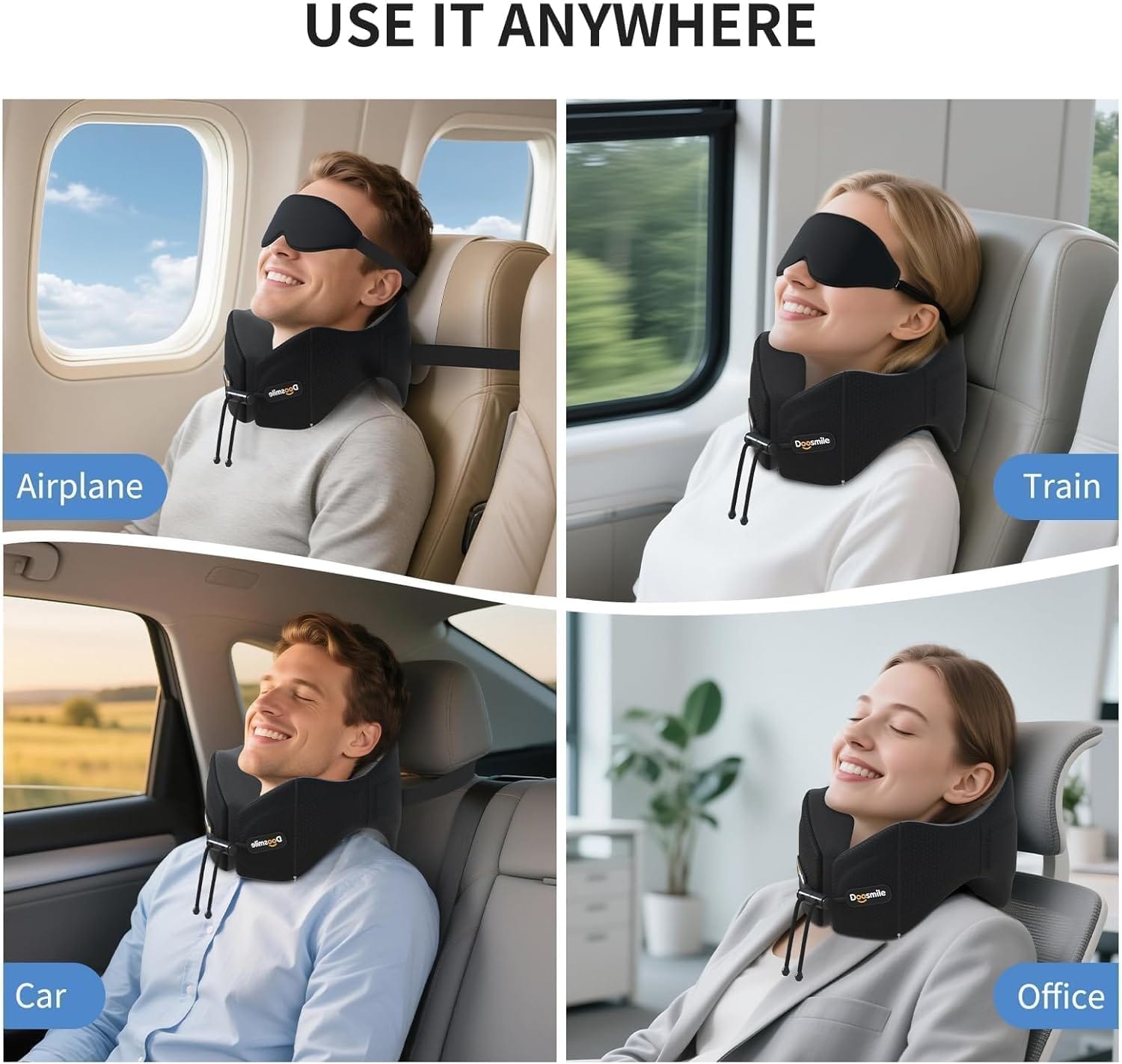 Patented Head-Bobble-preventing Ergonomic 360° Supporting Golden Formula Memory Foam Travel Neck Pillow w/3D Contoured Eye Mask Set Long Trip Sleeping Essentials for Airplane Flight Car Bus - Image 2