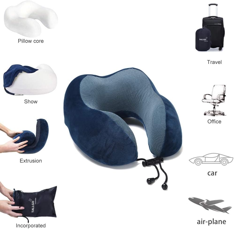 TALLGO Travel Pillow, Best Memory Foam Neck Pillow Head Support Soft Pillow for Sleeping Rest, Airplane Car & Home Use (Dark Blue) - Image 3
