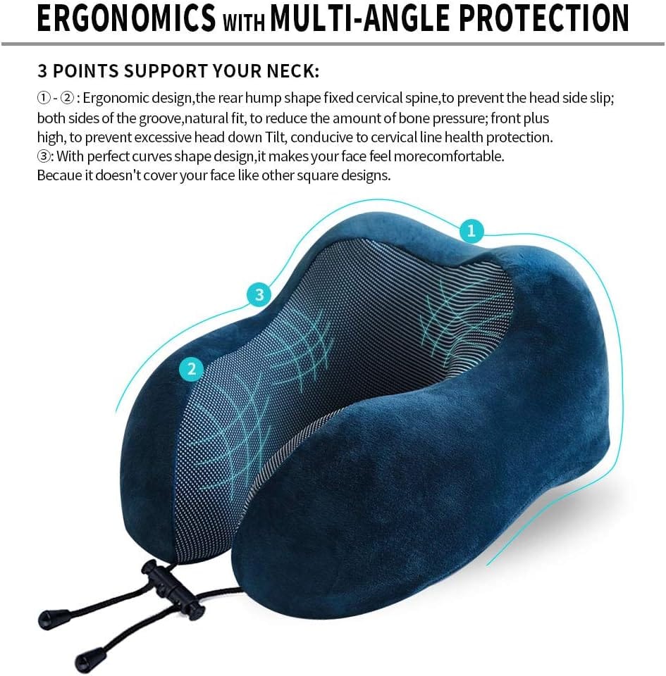 TALLGO Travel Pillow, Best Memory Foam Neck Pillow Head Support Soft Pillow for Sleeping Rest, Airplane Car & Home Use (Dark Blue) - Image 2