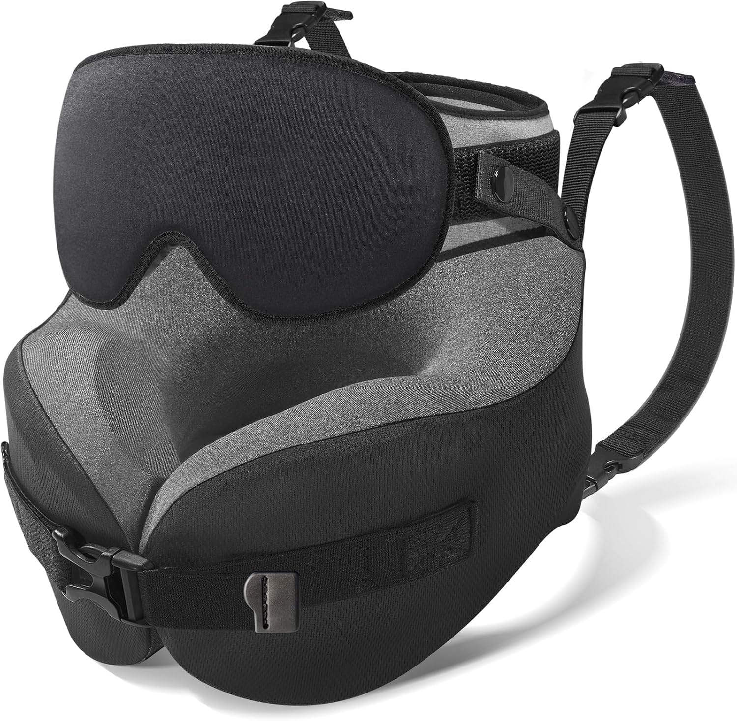 YFONG Travel Pillow for Long Flight Airplane, Head Strap Combo with 3D Contoured Sleep Eye Mask, Neck Pillow for Travel Essential, 360° Support Memory Foam Headrest, Prevent Bobbing - 1