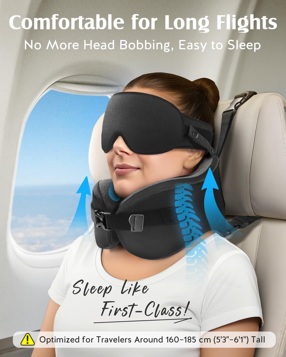 YFONG Travel Pillow for Long Flight Airplane, Head Strap Combo with 3D Contoured Sleep Eye Mask, Neck Pillow for Travel Essential, 360° Support Memory Foam Headrest, Prevent Bobbing, Drawstrap - Black - Image 9