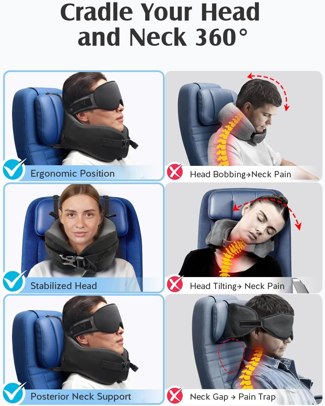YFONG Travel Pillow for Long Flight Airplane, Head Strap Combo with 3D Contoured Sleep Eye Mask, Neck Pillow for Travel Essential, 360° Support Memory Foam Headrest, Prevent Bobbing, Drawstrap - Black - Image 7