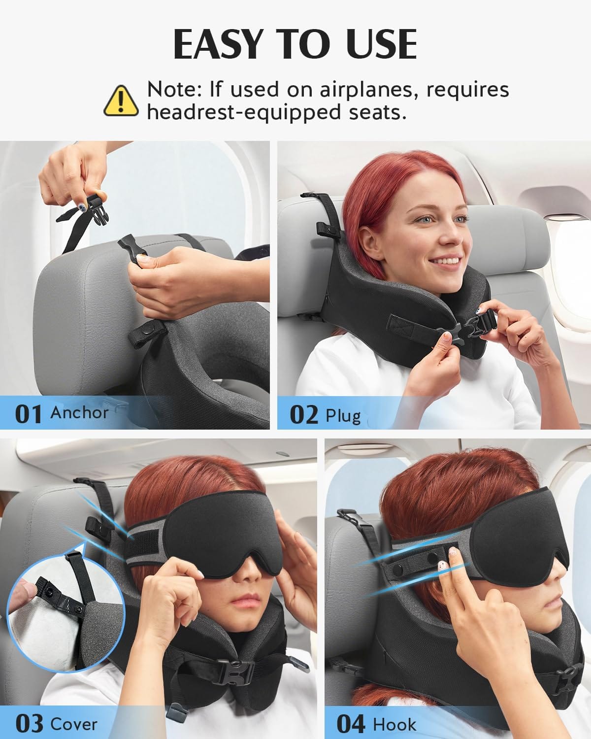 YFONG Travel Pillow for Long Flight Airplane, Head Strap Combo with 3D Contoured Sleep Eye Mask, Neck Pillow for Travel Essential, 360° Support Memory Foam Headrest, Prevent Bobbing, Drawstrap - Black - Image 5