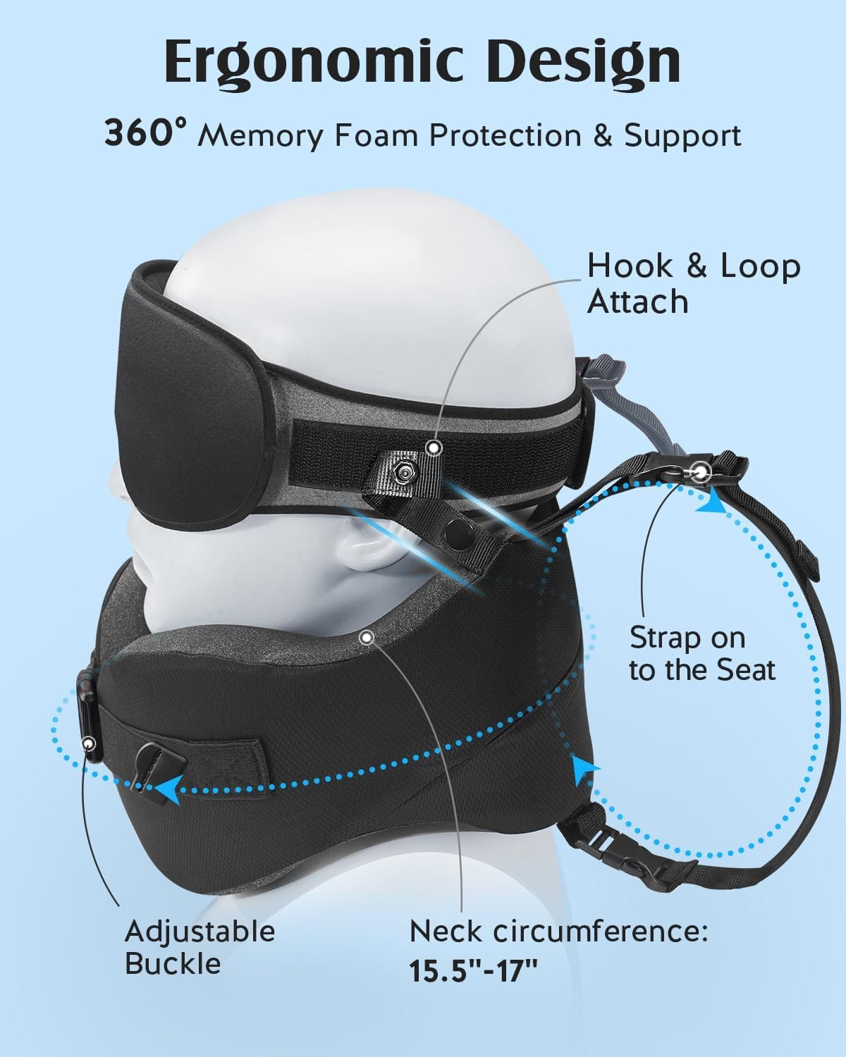 YFONG Travel Pillow for Long Flight Airplane, Head Strap Combo with 3D Contoured Sleep Eye Mask, Neck Pillow for Travel Essential, 360° Support Memory Foam Headrest, Prevent Bobbing, Drawstrap - Black - Image 6