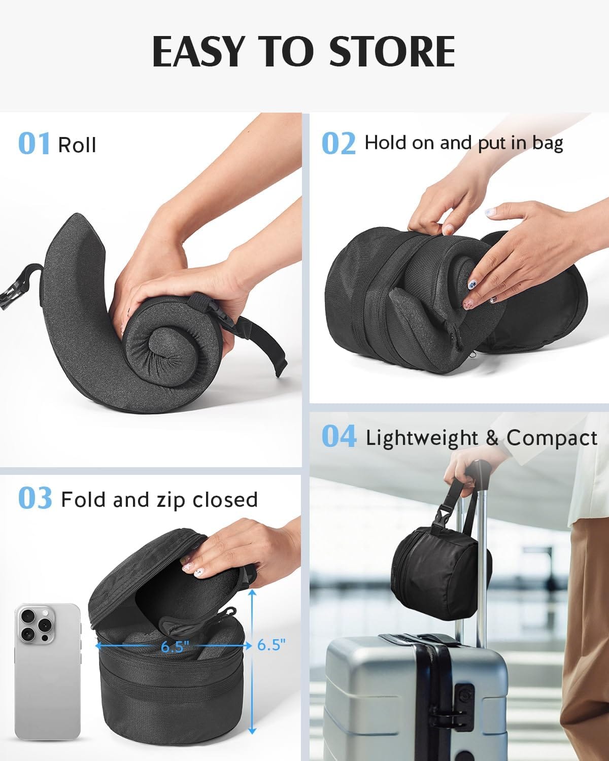 YFONG Travel Pillow for Long Flight Airplane, Head Strap Combo with 3D Contoured Sleep Eye Mask, Neck Pillow for Travel Essential, 360° Support Memory Foam Headrest, Prevent Bobbing, Drawstrap - Black - Image 3