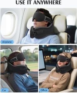 Alternative view of YFONG Travel Pillow for Long Flight Airplane, Head Strap Combo with 3D Contoured Sleep Eye Mask, Neck Pillow for Travel Essential, 360° Support Memory Foam Headrest, Prevent Bobbing, Drawstrap - Black