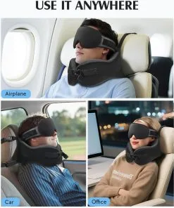 Alternative view of YFONG Travel Pillow for Long Flight Airplane, Head Strap Combo with 3D Contoured Sleep Eye Mask, Neck Pillow for Travel Essential, 360° Support Memory Foam Headrest, Prevent Bobbing, Drawstrap - Black