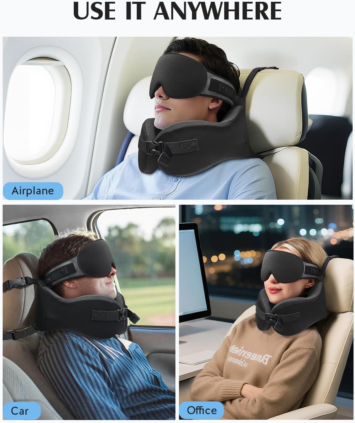 YFONG Travel Pillow for Long Flight Airplane, Head Strap Combo with 3D Contoured Sleep Eye Mask, Neck Pillow for Travel Essential, 360° Support Memory Foam Headrest, Prevent Bobbing, Drawstrap - Black - Image 2