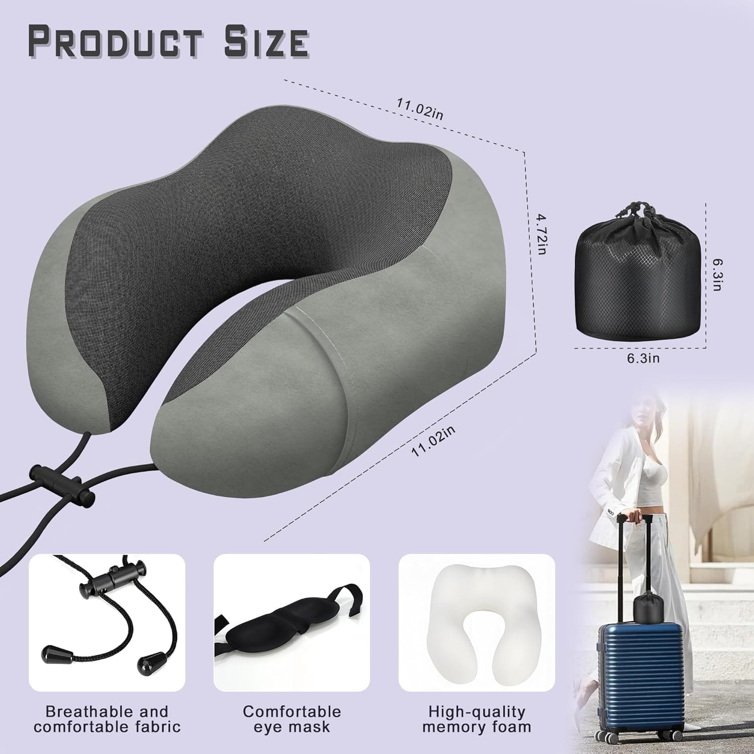 Neck Travel Pillow, Upgraded Memory Foam Pillow for Airplane, Machine Washable, Adjustable Flight Pillow, Suitable for Sleeping Airplane, Car, Office and Home (Grey) - Image 3