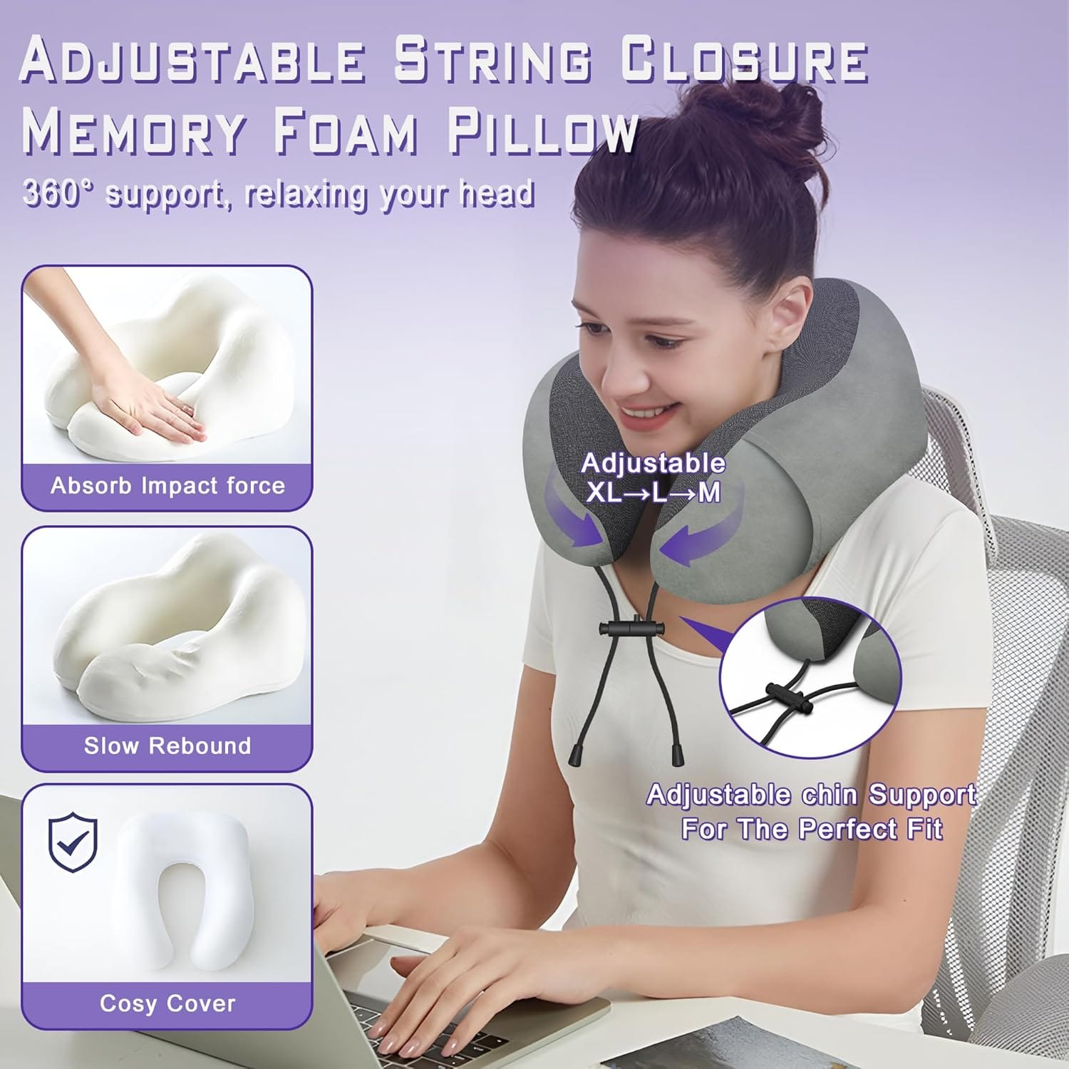 Neck Travel Pillow, Upgraded Memory Foam Pillow for Airplane, Machine Washable, Adjustable Flight Pillow, Suitable for Sleeping Airplane, Car, Office and Home (Grey) - Image 5