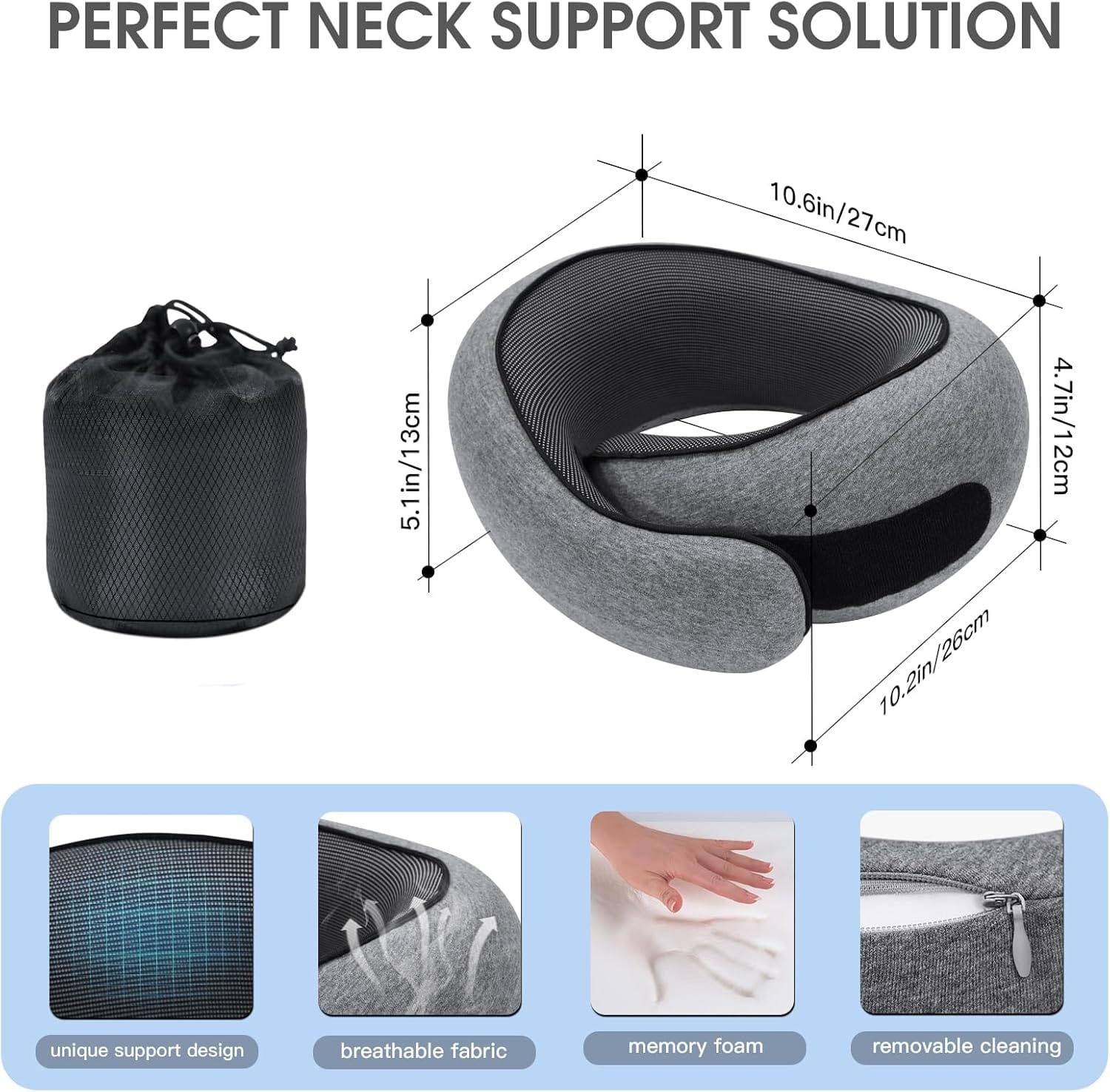 Neck Travel Pillows for Airplanes Memory Foam Neck Comfort Pillow Compact Ergonomic Design Sleeping Essentials for Long Flights Car Rides and Home Use (Grey) - Image 3