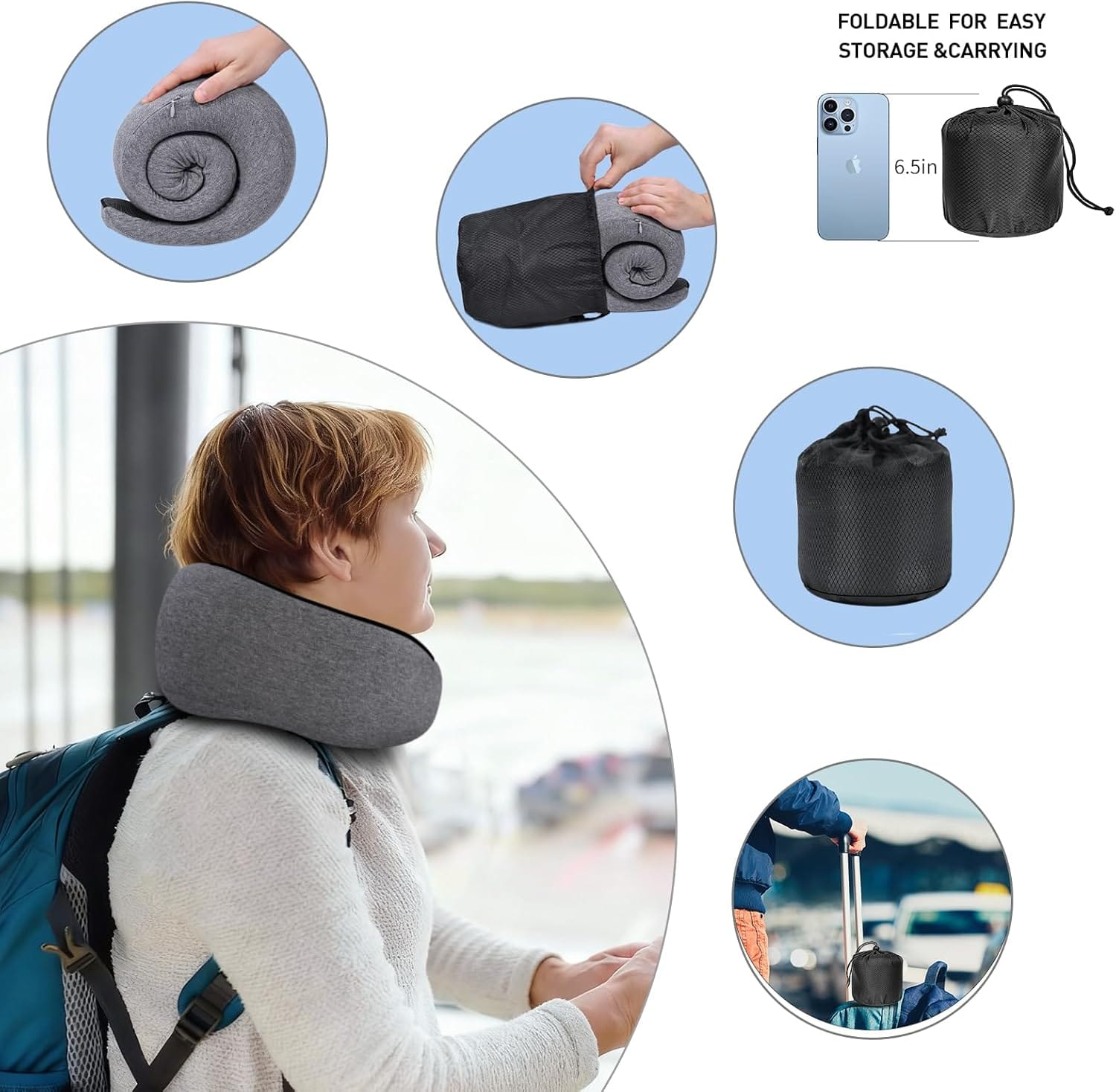 Neck Travel Pillows for Airplanes Memory Foam Neck Comfort Pillow Compact Ergonomic Design Sleeping Essentials for Long Flights Car Rides and Home Use (Grey) - Image 5