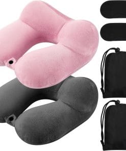 Sintuff 2 Pack Inflatable Travel Pillow for Airplanes Inflatable Neck Flight Pillows with Compact Bag and Blindfold for Traveling, Airplane, Train, Car, Office(Dark Gray and Light Pink) - 1