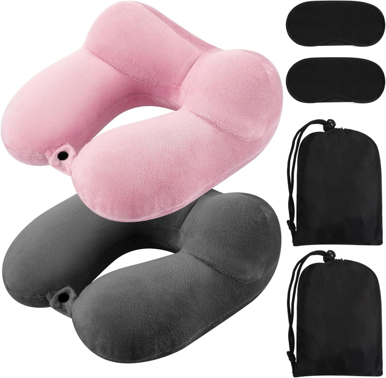 Sintuff 2 Pack Inflatable Travel Pillow for Airplanes Inflatable Neck Flight Pillows with Compact Bag and Blindfold for Traveling, Airplane, Train, Car, Office(Dark Gray and Light Pink) - 1