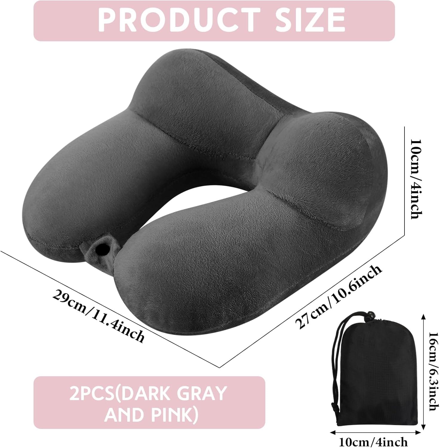 Sintuff 2 Pack Inflatable Travel Pillow for Airplanes Inflatable Neck Flight Pillows with Compact Bag and Blindfold for Traveling, Airplane, Train, Car, Office(Dark Gray and Light Pink) - Image 3