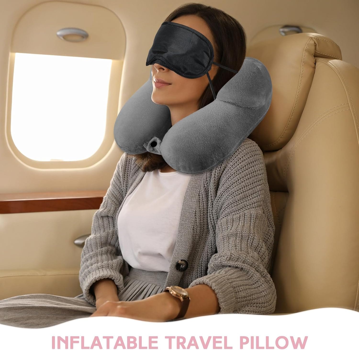 Sintuff 2 Pack Inflatable Travel Pillow for Airplanes Inflatable Neck Flight Pillows with Compact Bag and Blindfold for Traveling, Airplane, Train, Car, Office(Dark Gray and Light Pink) - Image 5