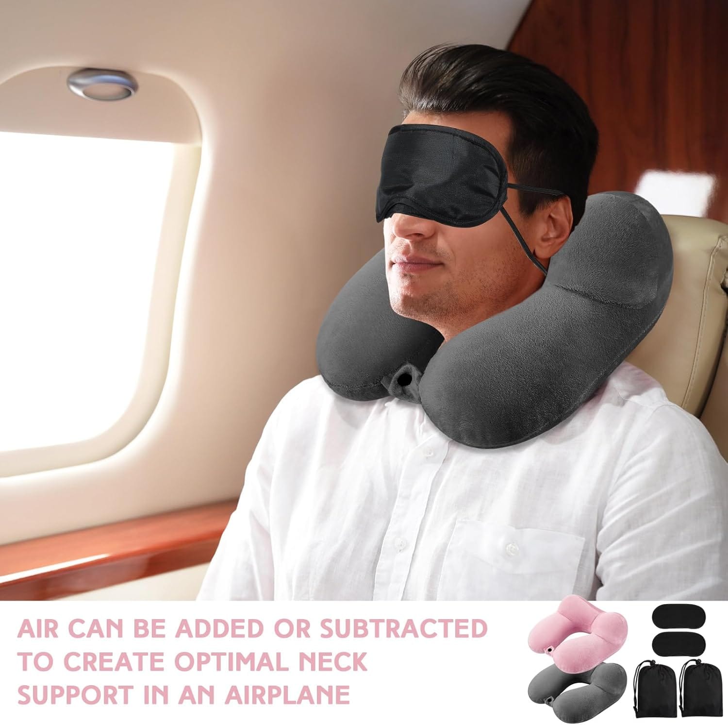 Sintuff 2 Pack Inflatable Travel Pillow for Airplanes Inflatable Neck Flight Pillows with Compact Bag and Blindfold for Traveling, Airplane, Train, Car, Office(Dark Gray and Light Pink) - Image 7