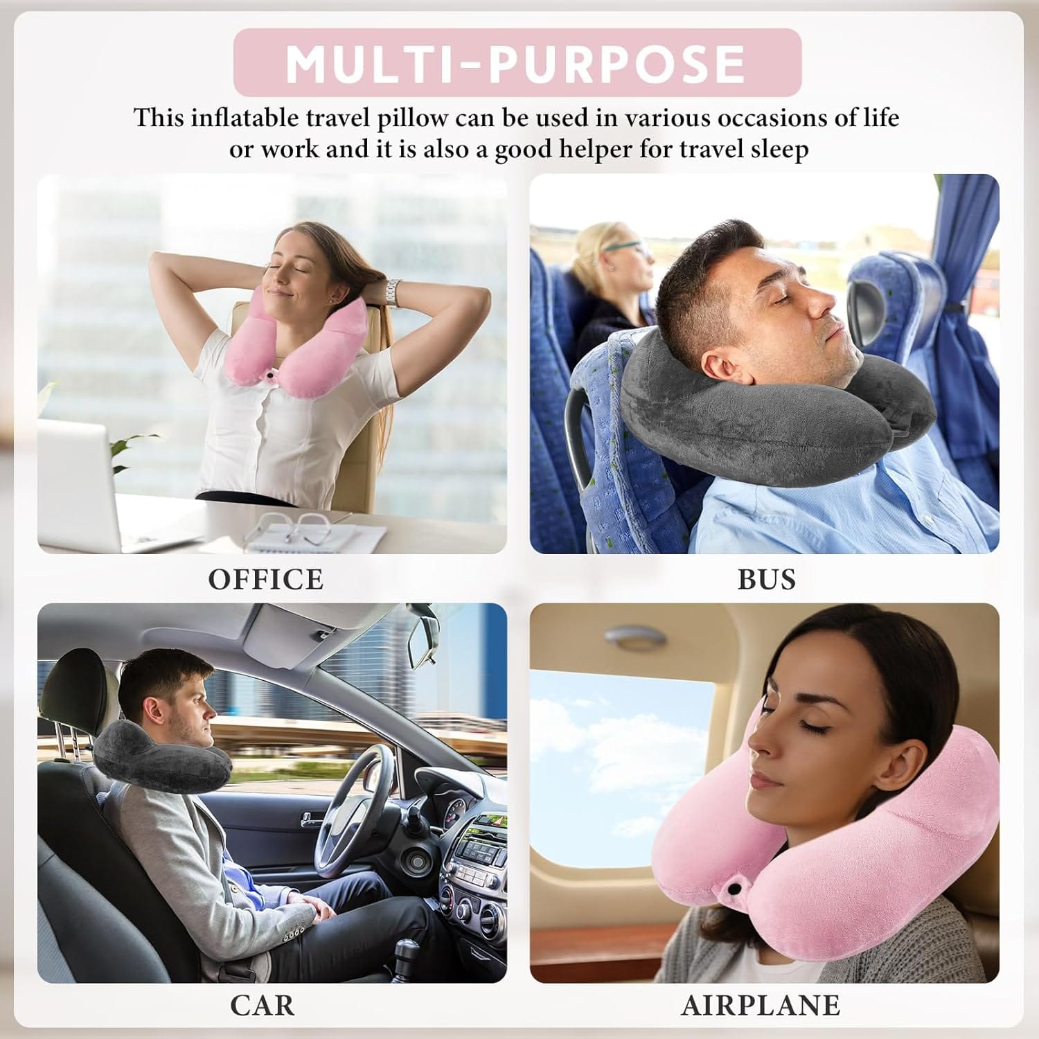 Sintuff 2 Pack Inflatable Travel Pillow for Airplanes Inflatable Neck Flight Pillows with Compact Bag and Blindfold for Traveling, Airplane, Train, Car, Office(Dark Gray and Light Pink) - Image 2