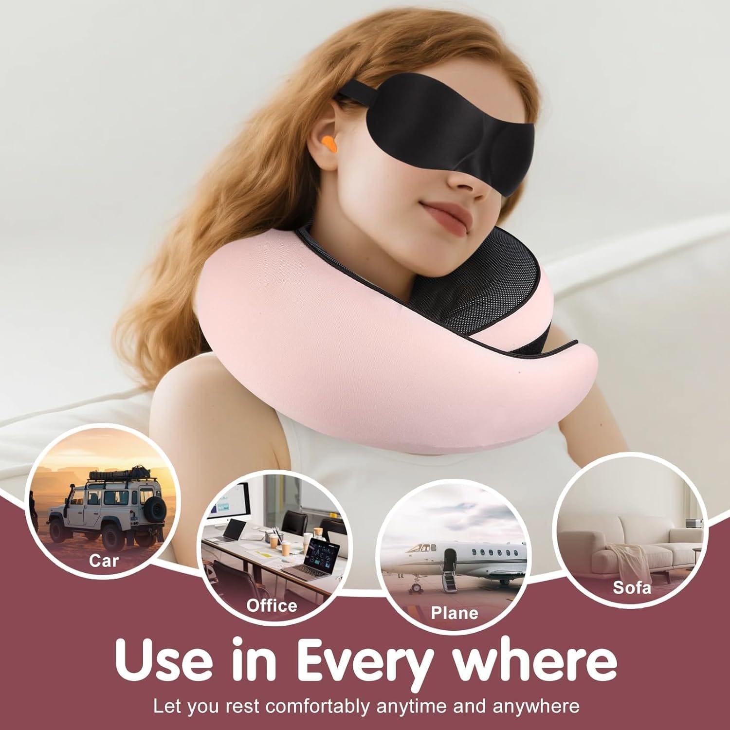 Travel Neck Pillow, Memory Foam Neck Support for Airplane, Car & Office, Breathable Portable Design with Eye Mask, Earplug Holder & Carry Bag, for Women&Men - Image 4