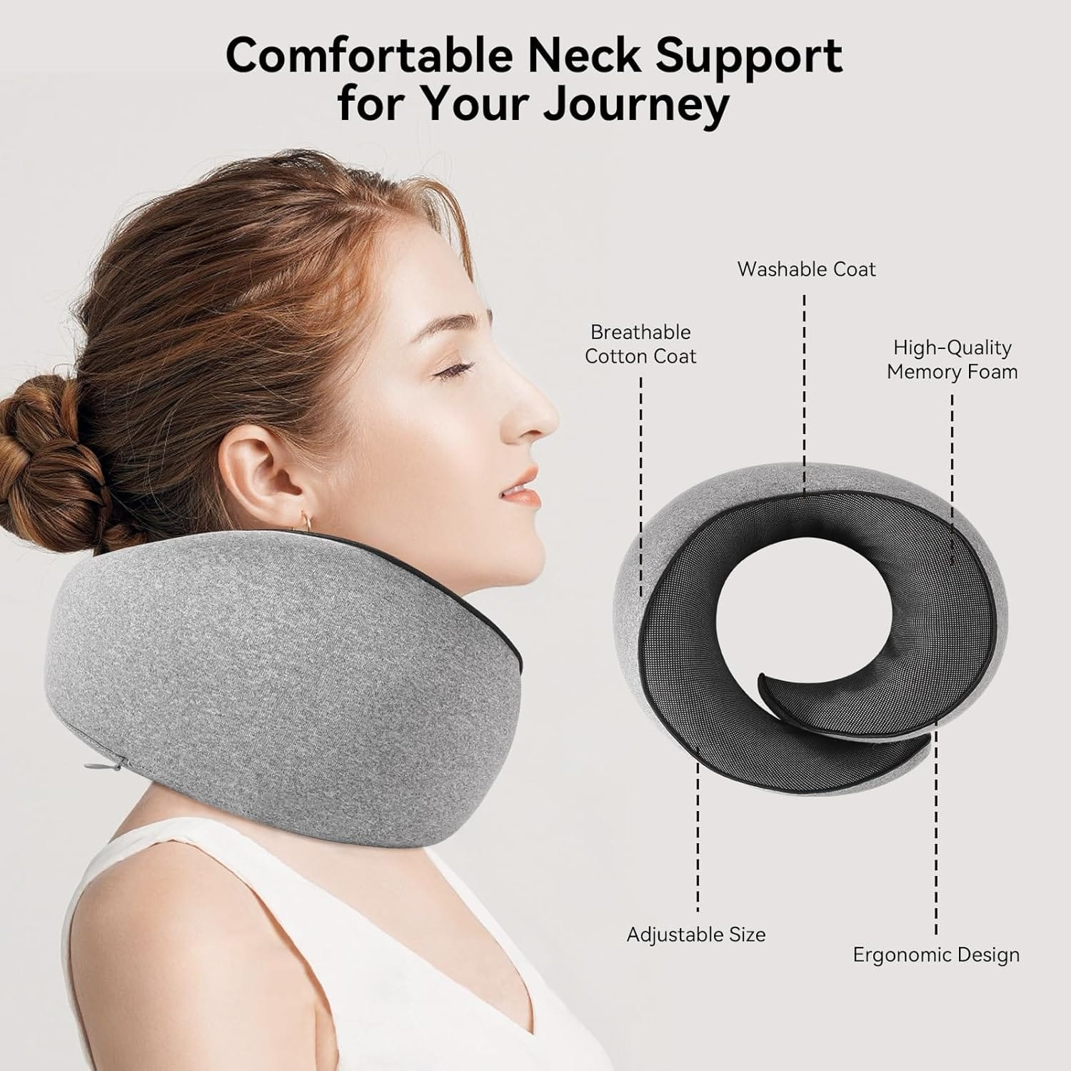 Travel Pillow, Memory Foam Neck Pillow with Ergonomic 360° Support, Travel Neck Pillow for Airplanes, Compact Design for Plane, Car & Office Travel Essentials, Gray - Image 6