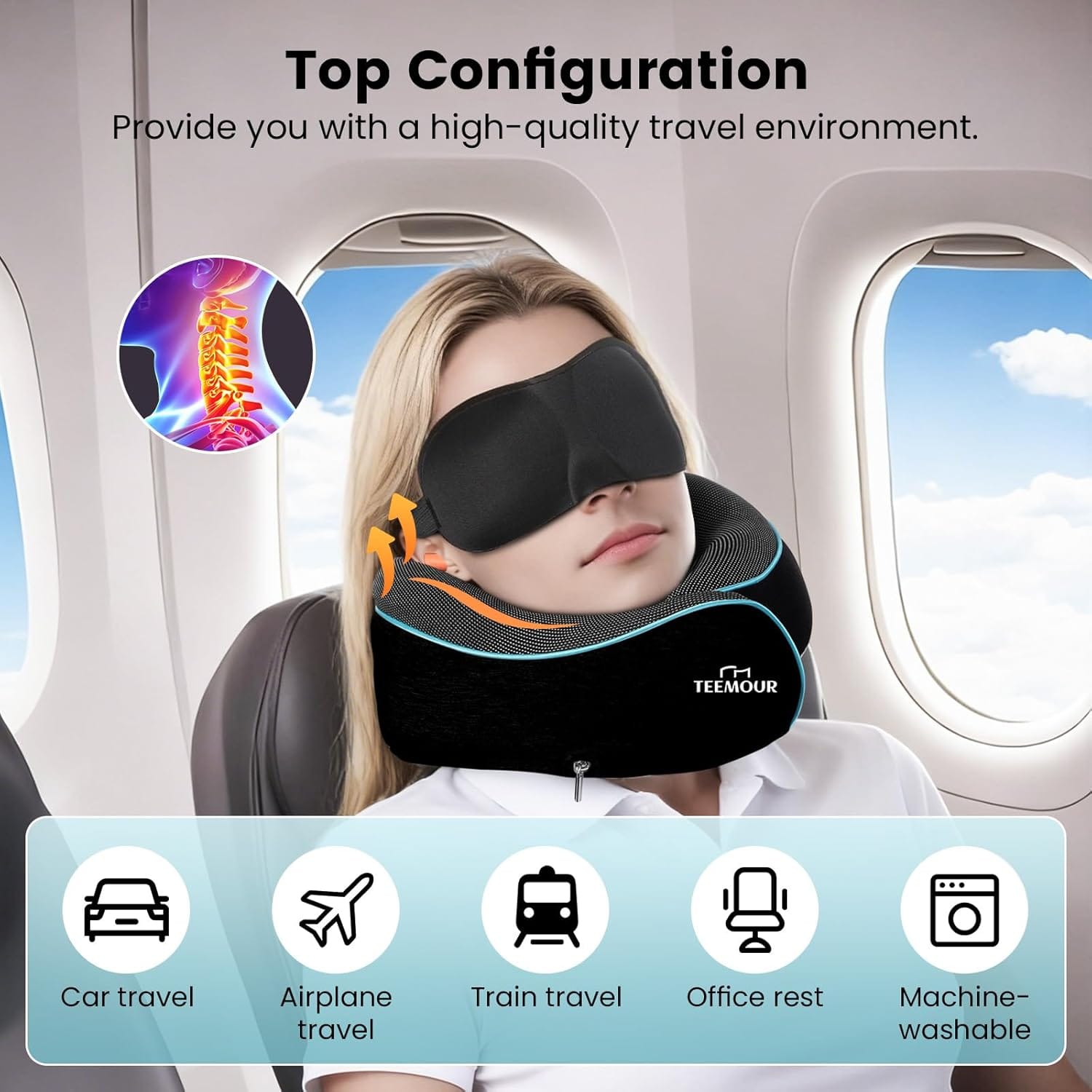 Travel Pillow Neck Pillow for Airplane Travel Essentials - Memory Foam Travel Neck Pillow, Stops Head Bobbing With Eye Mask & Earplugs, Portable Carry Bag for Long Flights| Airplane Accessories Black - Image 4