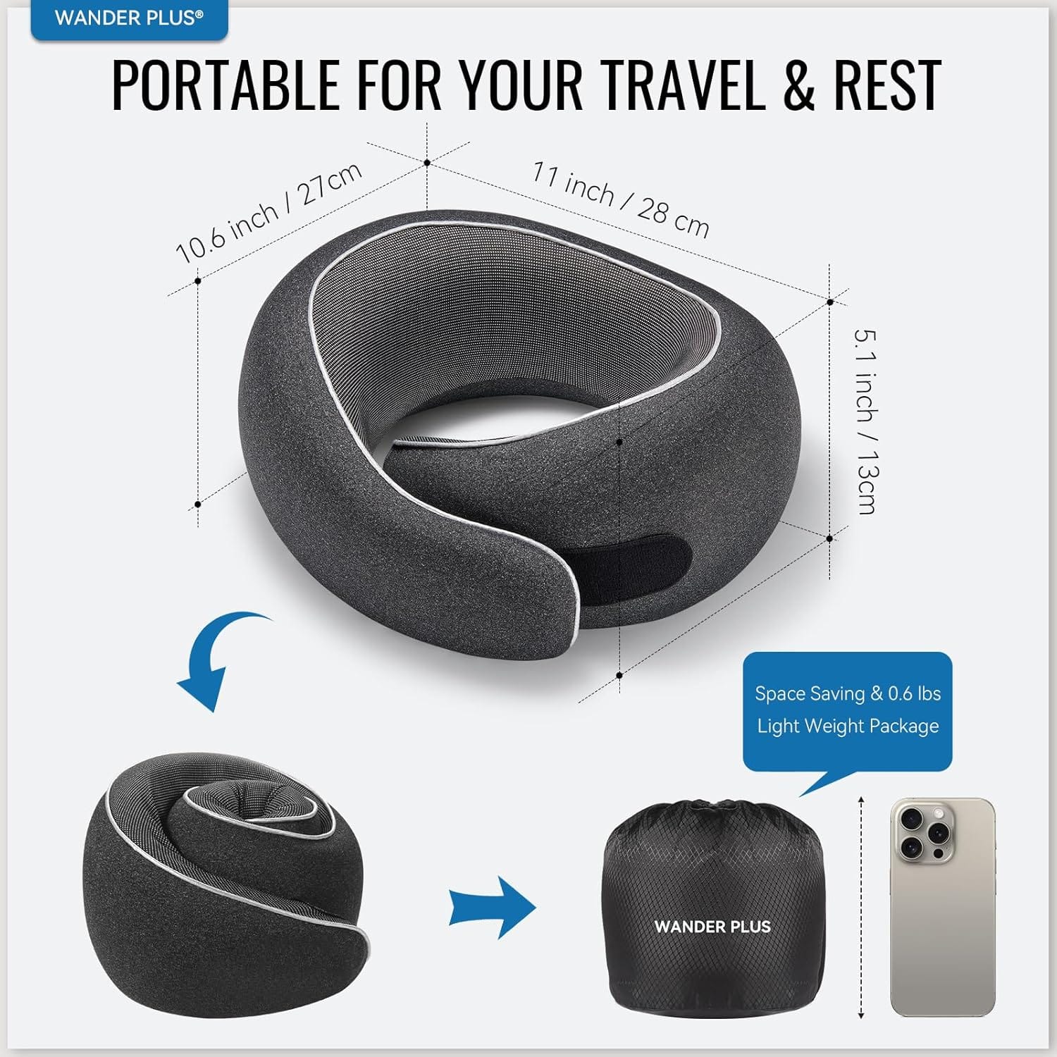 WANDER PLUS® Travel Neck Pillow, Pure Memory Foam Neck Pillow for Airplanes, Comfortable Breathable Cover, 360 Degree Support Ergonomic Design Best for Sleeping Plane Train Travel Essentials Max Black - Image 4