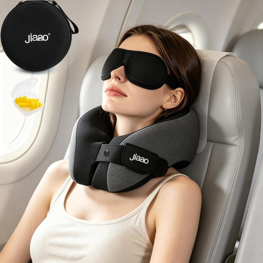jiaao Neck Travel Pillow Memory Foam 360° Neck Support Pillows for Airplane | Ergonomic Neck Pillow for Long Flight, Airplanes, Cars & Trains, Kit with Eye Mask, Earplugs and Storage Box