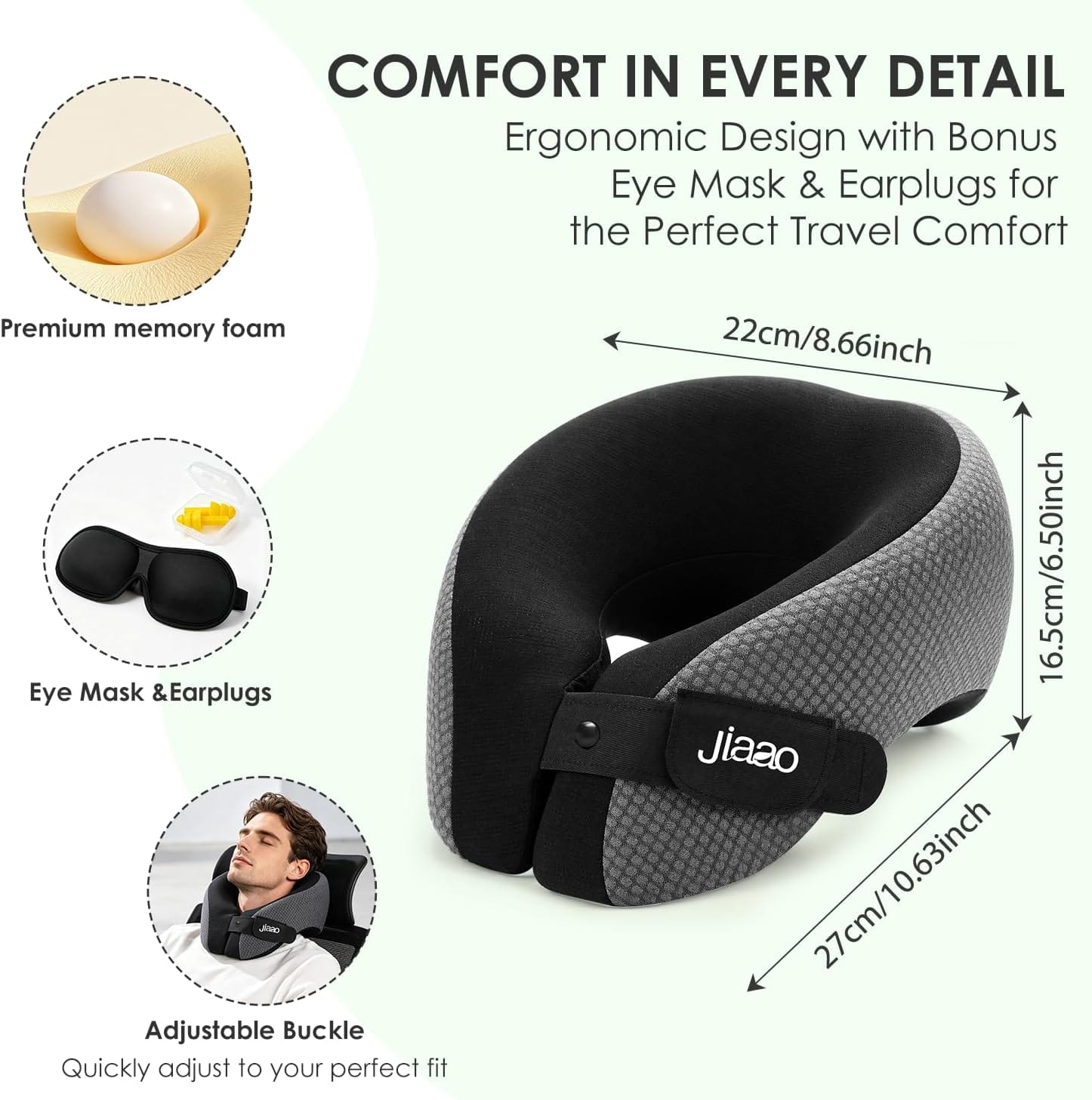jiaao Neck Travel Pillow Memory Foam 360° Neck Support Pillows for Airplane | Ergonomic Neck Pillow for Long Flight, Airplanes, Cars & Trains, Kit with Eye Mask, Earplugs and Storage Box - Image 4
