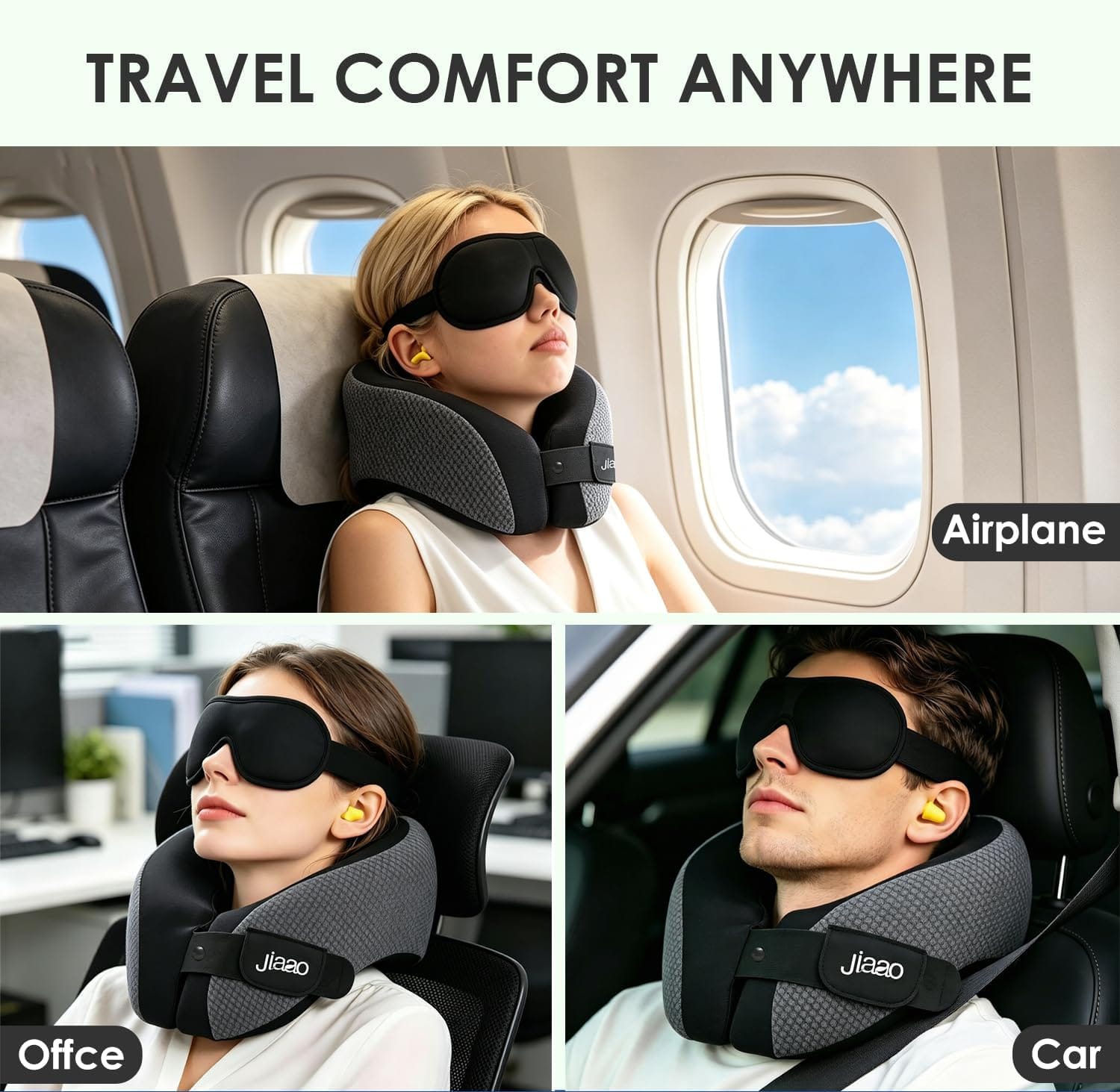 jiaao Neck Travel Pillow Memory Foam 360° Neck Support Pillows for Airplane | Ergonomic Neck Pillow for Long Flight, Airplanes, Cars & Trains, Kit with Eye Mask, Earplugs and Storage Box - Image 2