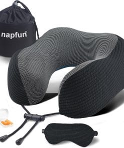 napfun Neck Pillow for Travel with Travel Pouch, Sleep Mask & Earplugs, Memory Foam Airplane Pillow for Headrest Sleep with Eyeshades, Plane Essentials with Eye Blindfold, Black Striped Kit - 1