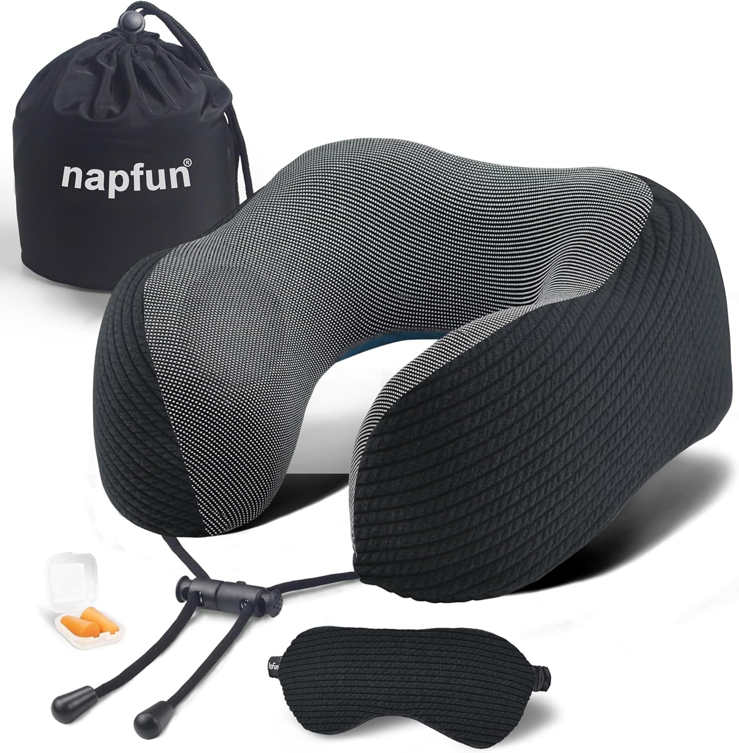 napfun Neck Pillow for Travel with Travel Pouch, Sleep Mask & Earplugs, Memory Foam Airplane Pillow for Headrest Sleep with Eyeshades, Plane Essentials with Eye Blindfold, Black Striped Kit - 1