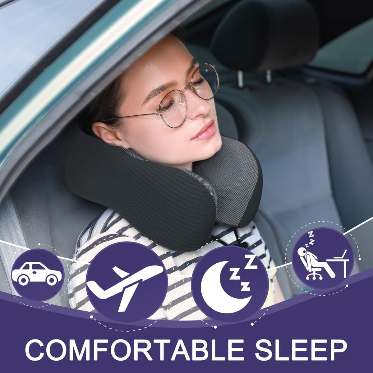 napfun Neck Pillow for Travel with Travel Pouch, Sleep Mask & Earplugs, Memory Foam Airplane Pillow for Headrest Sleep with Eyeshades, Plane Essentials with Eye Blindfold, Black Striped Kit - Image 3
