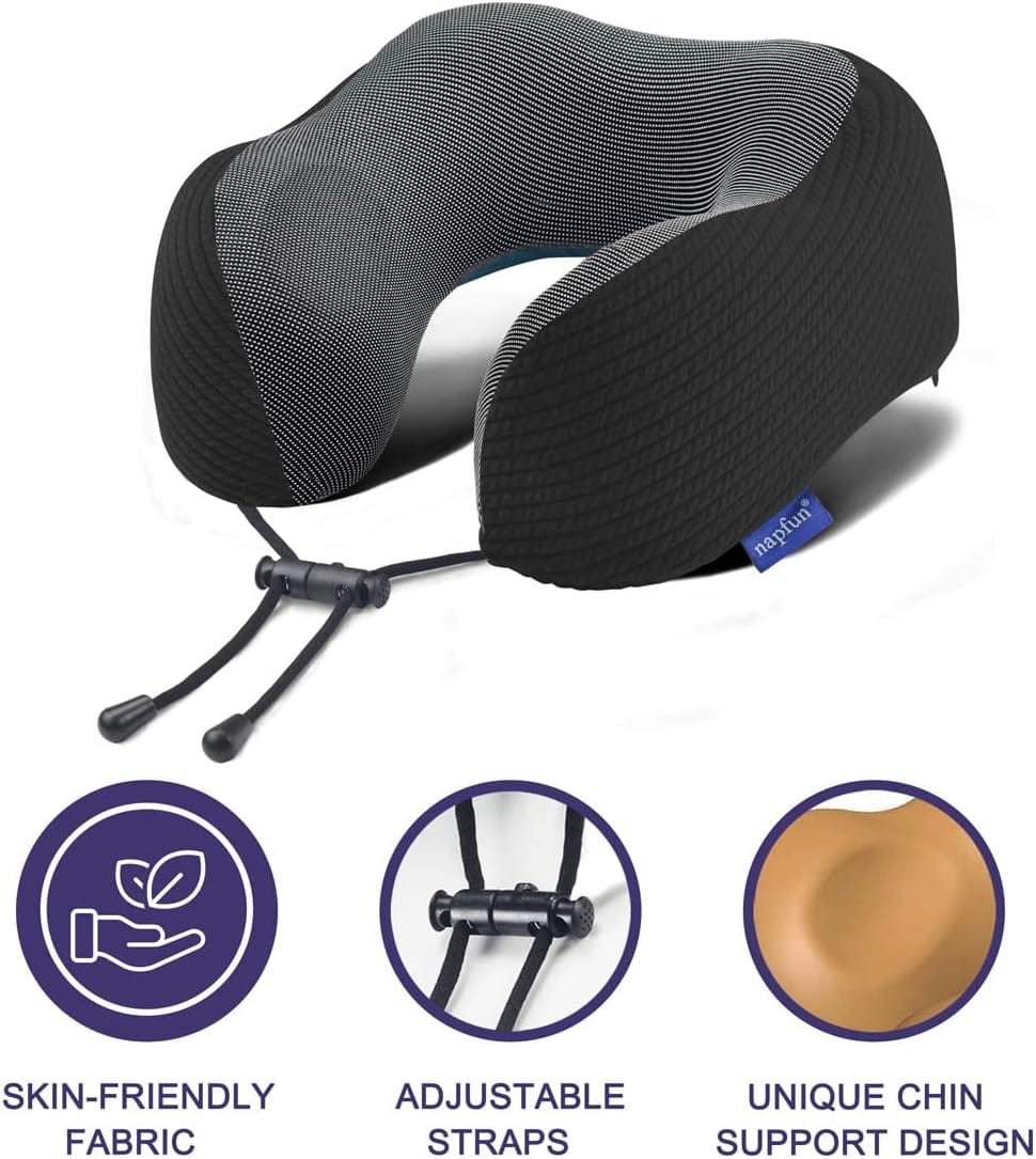 napfun Neck Pillow for Travel with Travel Pouch, Sleep Mask & Earplugs, Memory Foam Airplane Pillow for Headrest Sleep with Eyeshades, Plane Essentials with Eye Blindfold, Black Striped Kit - Image 4