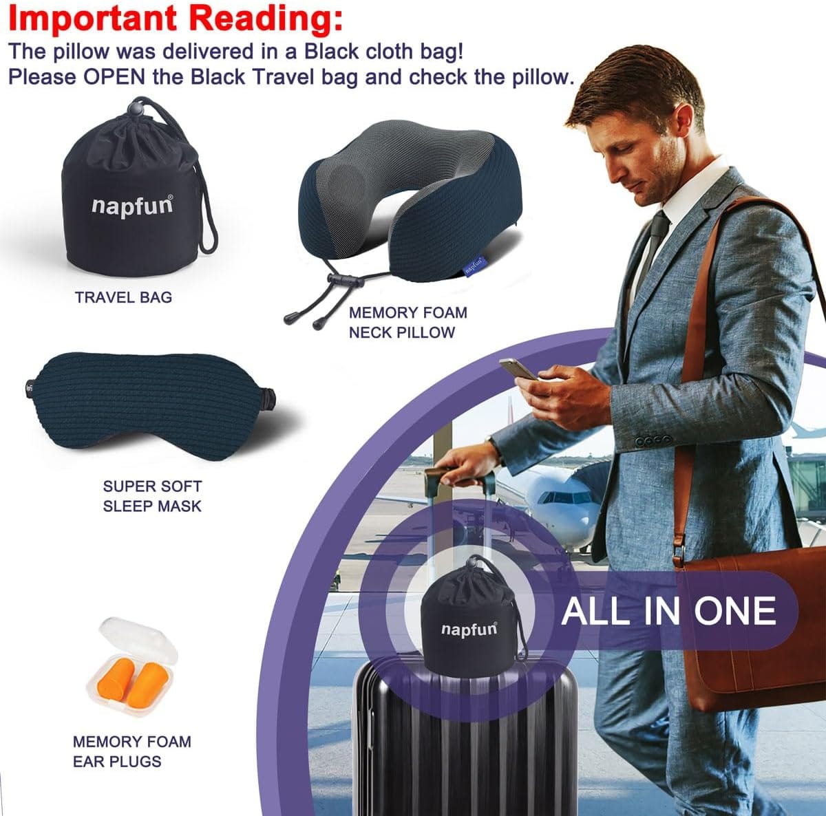 napfun Neck Pillow for Travel with Travel Pouch, Sleep Mask & Earplugs, Memory Foam Airplane Pillow for Headrest Sleep with Eyeshades, Plane Essentials with Eye Blindfold, Black Striped Kit - Image 2